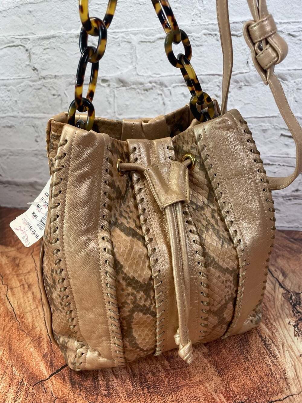 Sharif Python Print Metallic Gold Leather Drawstring Bucket Bag - Picture 9 of 9